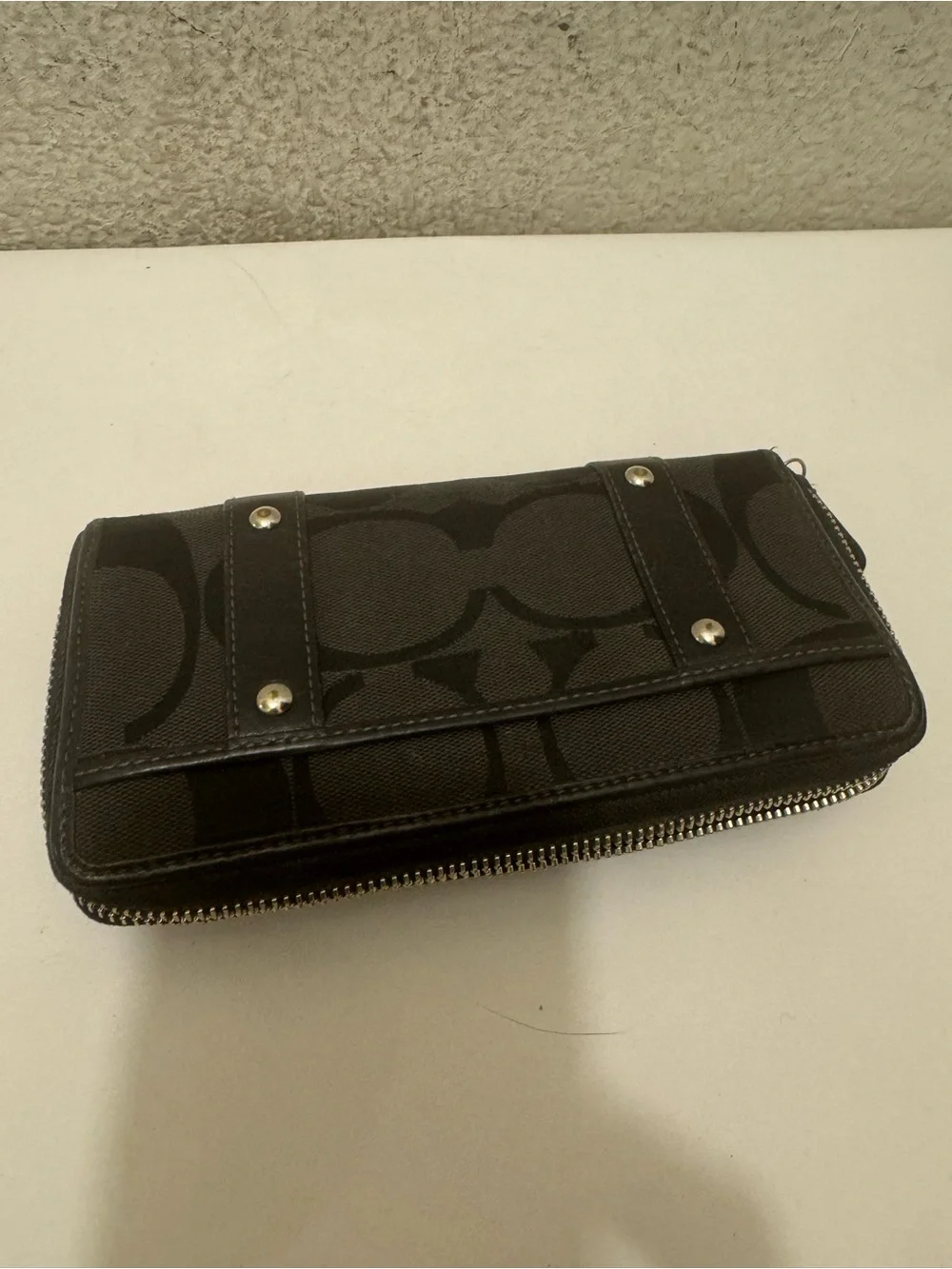 Coach Zoe Black Signature Zip-Around Wallet with Buckle Straps